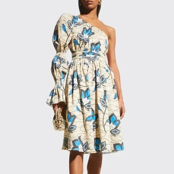 NEW Autumn Adeigbo Dress Floral Print Puff One Shoulder Knee Length Dress Size 4